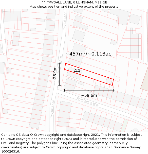 44, TWYDALL LANE, GILLINGHAM, ME8 6JE: Plot and title map