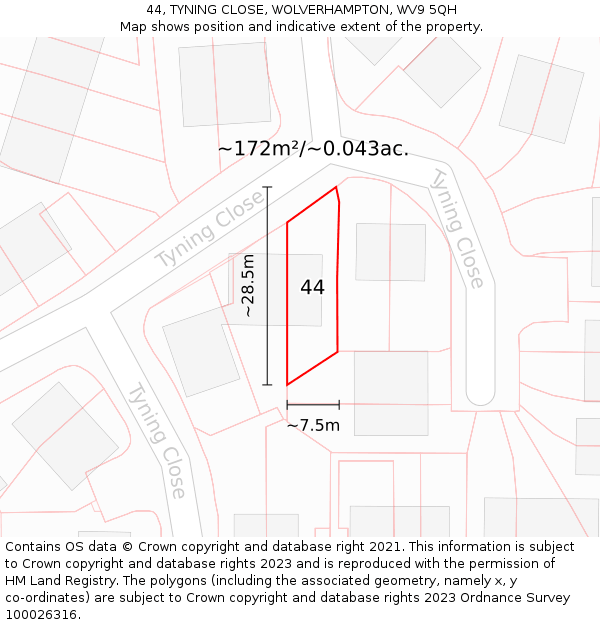 44, TYNING CLOSE, WOLVERHAMPTON, WV9 5QH: Plot and title map