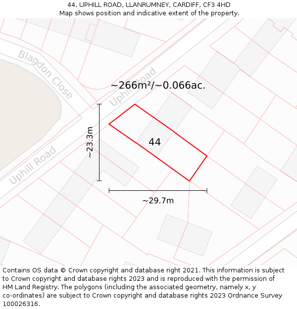 44, UPHILL ROAD, LLANRUMNEY, CARDIFF, CF3 4HD: Plot and title map