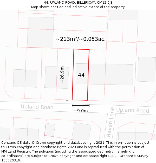 44, UPLAND ROAD, BILLERICAY, CM12 0JS: Plot and title map