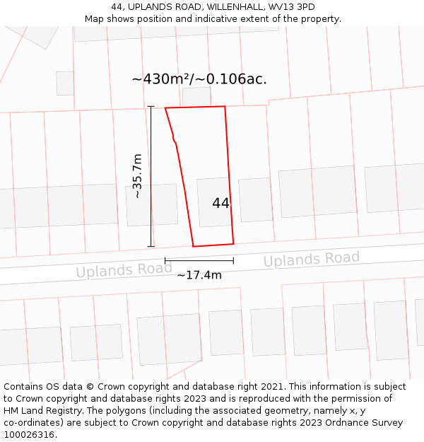 44, UPLANDS ROAD, WILLENHALL, WV13 3PD: Plot and title map