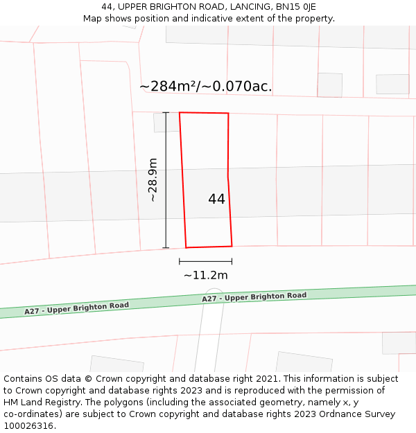 44, UPPER BRIGHTON ROAD, LANCING, BN15 0JE: Plot and title map