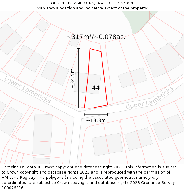 44, UPPER LAMBRICKS, RAYLEIGH, SS6 8BP: Plot and title map