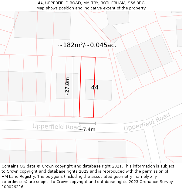 44, UPPERFIELD ROAD, MALTBY, ROTHERHAM, S66 8BG: Plot and title map
