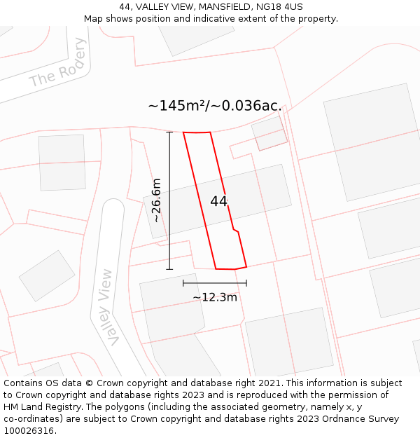 44, VALLEY VIEW, MANSFIELD, NG18 4US: Plot and title map