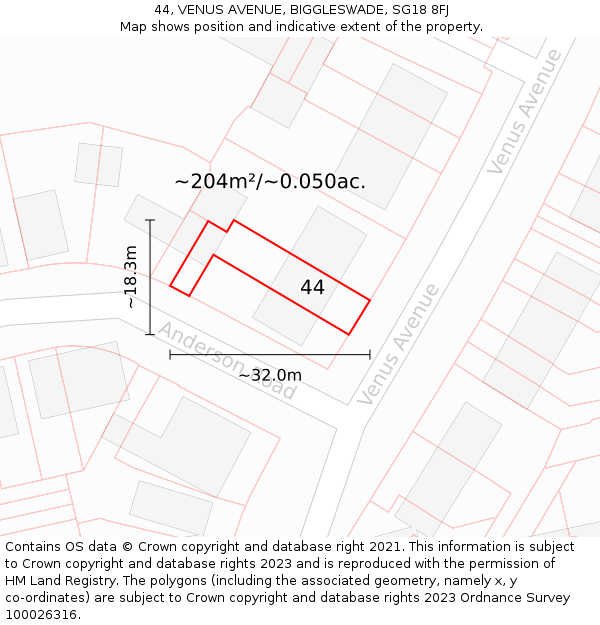 44, VENUS AVENUE, BIGGLESWADE, SG18 8FJ: Plot and title map