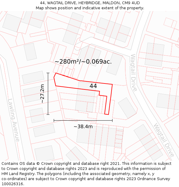 44, WAGTAIL DRIVE, HEYBRIDGE, MALDON, CM9 4UD: Plot and title map