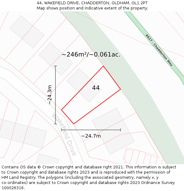 44, WAKEFIELD DRIVE, CHADDERTON, OLDHAM, OL1 2PT: Plot and title map