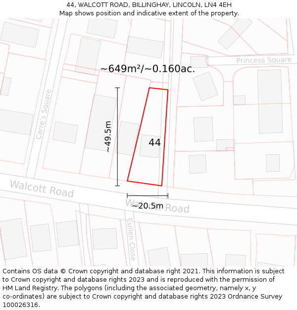 44, WALCOTT ROAD, BILLINGHAY, LINCOLN, LN4 4EH: Plot and title map