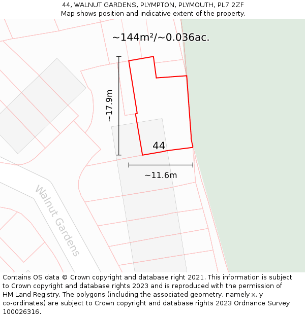 44, WALNUT GARDENS, PLYMPTON, PLYMOUTH, PL7 2ZF: Plot and title map