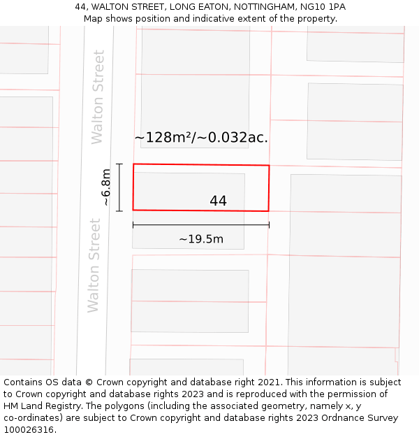 44, WALTON STREET, LONG EATON, NOTTINGHAM, NG10 1PA: Plot and title map