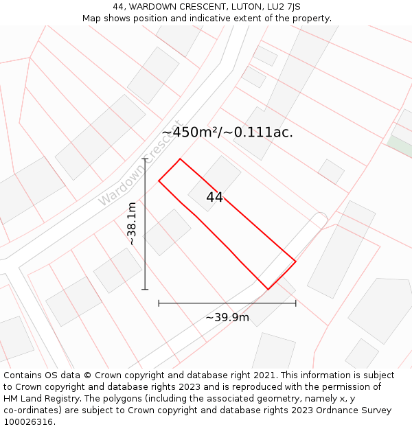 44, WARDOWN CRESCENT, LUTON, LU2 7JS: Plot and title map