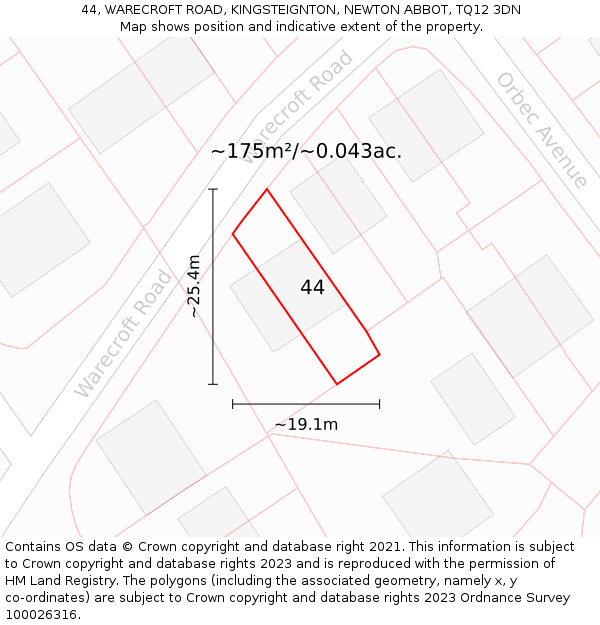 44, WARECROFT ROAD, KINGSTEIGNTON, NEWTON ABBOT, TQ12 3DN: Plot and title map