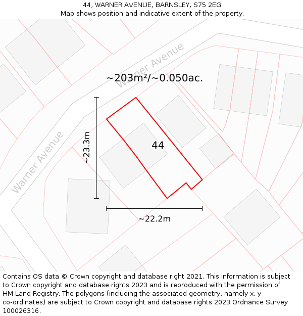 44, WARNER AVENUE, BARNSLEY, S75 2EG: Plot and title map