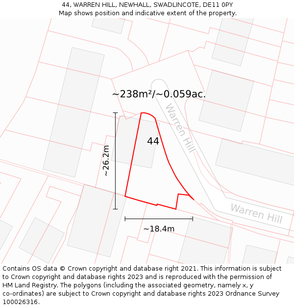44, WARREN HILL, NEWHALL, SWADLINCOTE, DE11 0PY: Plot and title map