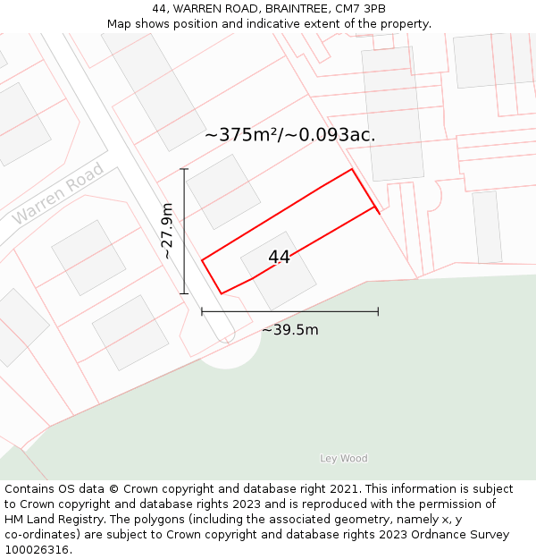 44, WARREN ROAD, BRAINTREE, CM7 3PB: Plot and title map