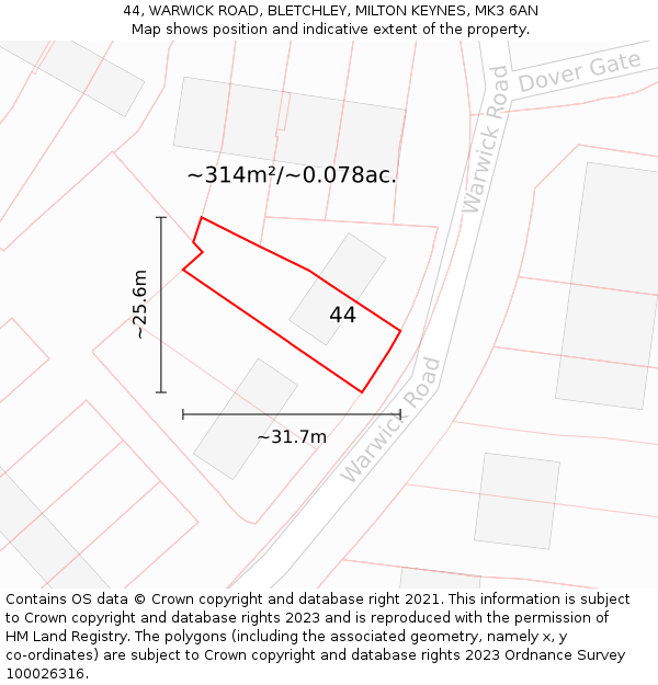 44, WARWICK ROAD, BLETCHLEY, MILTON KEYNES, MK3 6AN: Plot and title map