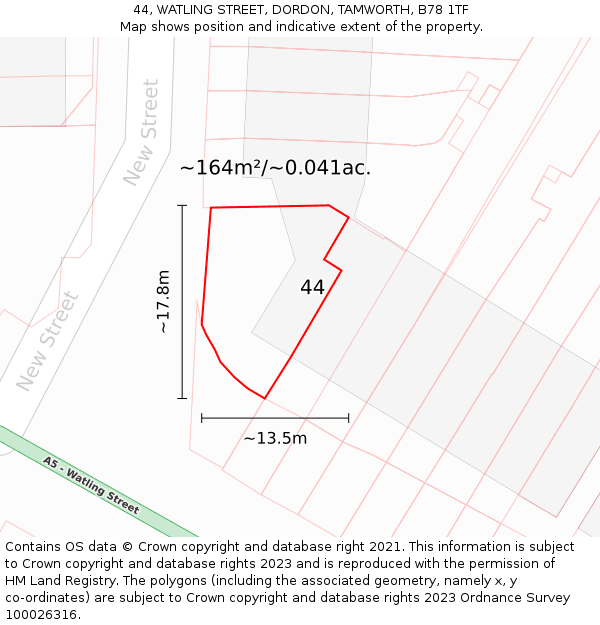 44, WATLING STREET, DORDON, TAMWORTH, B78 1TF: Plot and title map