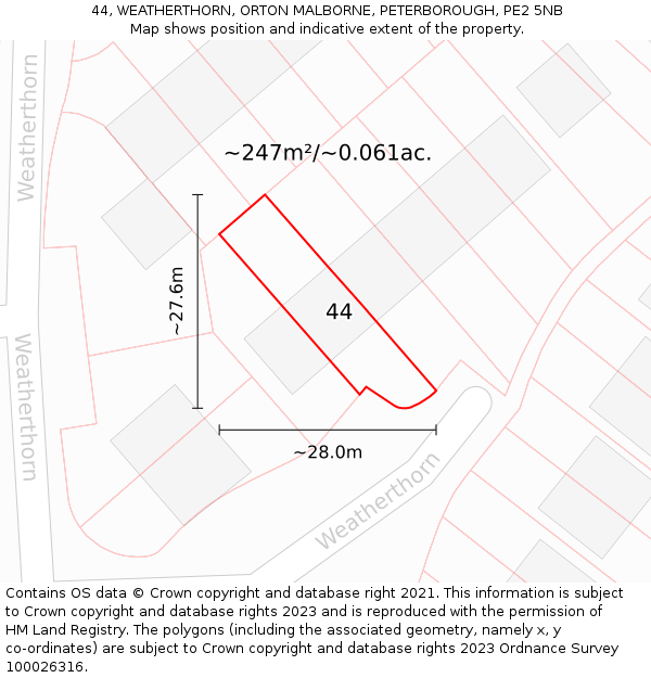 44, WEATHERTHORN, ORTON MALBORNE, PETERBOROUGH, PE2 5NB: Plot and title map