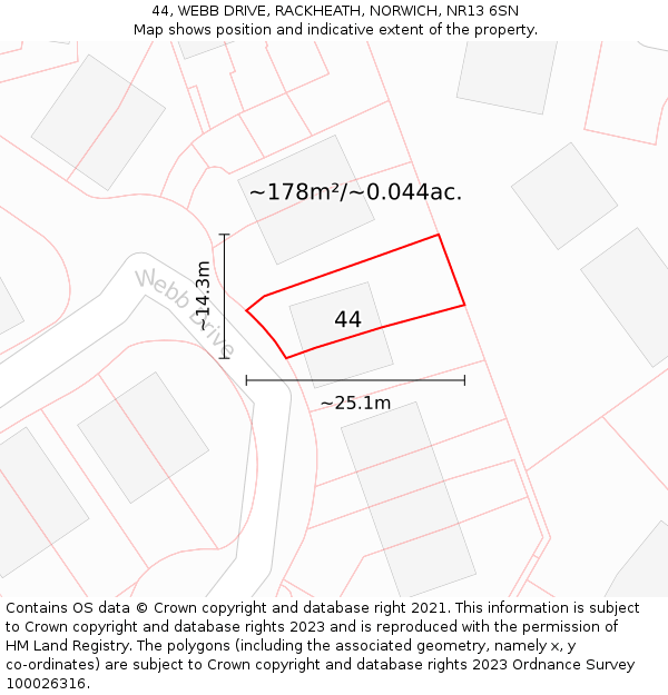 44, WEBB DRIVE, RACKHEATH, NORWICH, NR13 6SN: Plot and title map