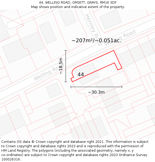 44, WELLING ROAD, ORSETT, GRAYS, RM16 3DF: Plot and title map