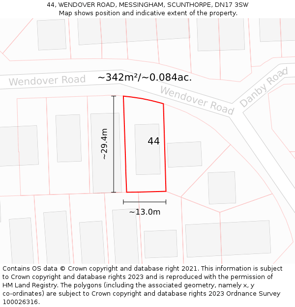 44, WENDOVER ROAD, MESSINGHAM, SCUNTHORPE, DN17 3SW: Plot and title map