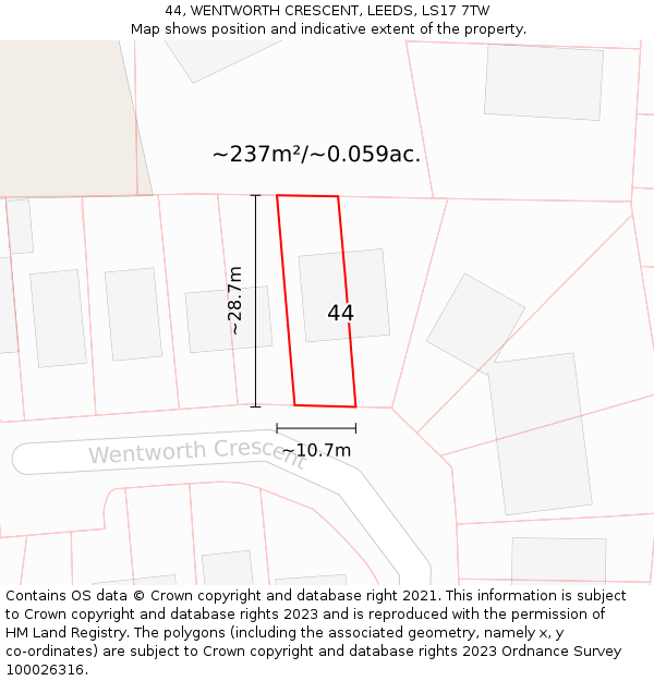 44, WENTWORTH CRESCENT, LEEDS, LS17 7TW: Plot and title map