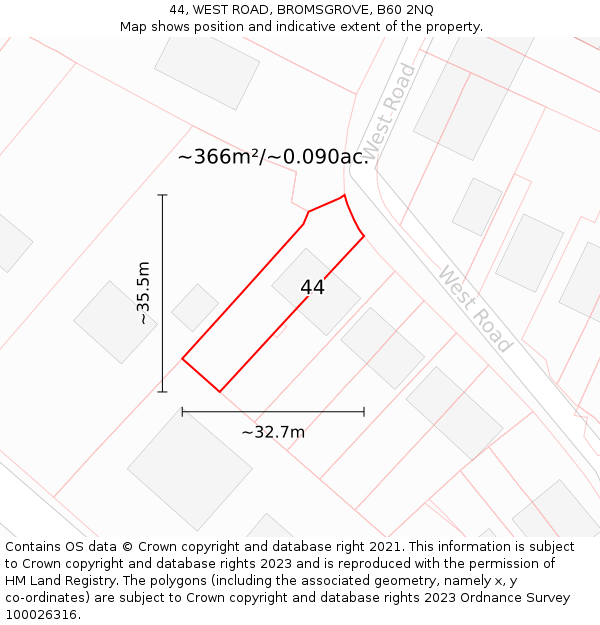 44, WEST ROAD, BROMSGROVE, B60 2NQ: Plot and title map