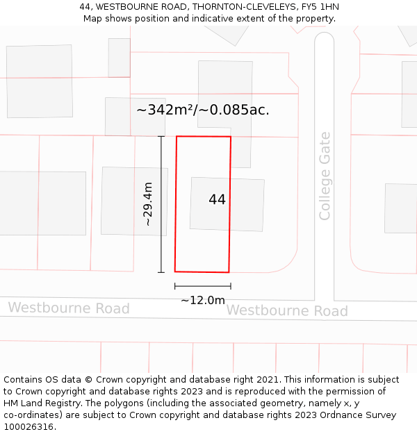 44, WESTBOURNE ROAD, THORNTON-CLEVELEYS, FY5 1HN: Plot and title map