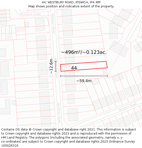 44, WESTBURY ROAD, IPSWICH, IP4 4RF: Plot and title map