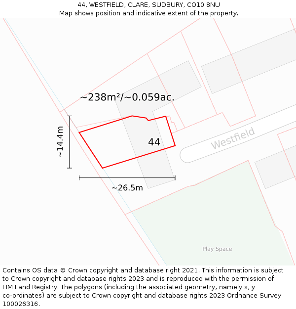 44, WESTFIELD, CLARE, SUDBURY, CO10 8NU: Plot and title map