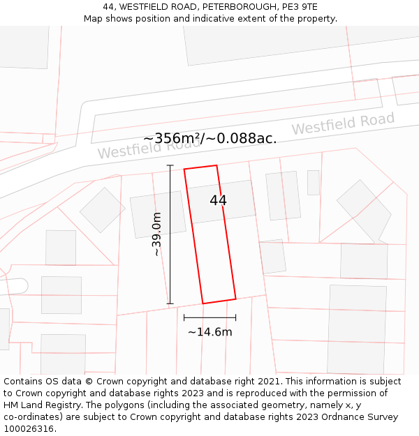 44, WESTFIELD ROAD, PETERBOROUGH, PE3 9TE: Plot and title map