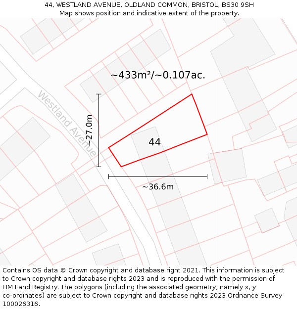 44, WESTLAND AVENUE, OLDLAND COMMON, BRISTOL, BS30 9SH: Plot and title map