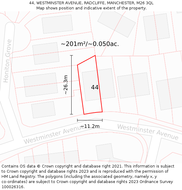 44, WESTMINSTER AVENUE, RADCLIFFE, MANCHESTER, M26 3QL: Plot and title map