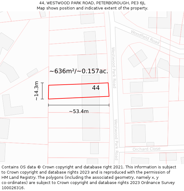 44, WESTWOOD PARK ROAD, PETERBOROUGH, PE3 6JL: Plot and title map