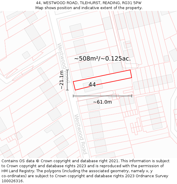 44, WESTWOOD ROAD, TILEHURST, READING, RG31 5PW: Plot and title map