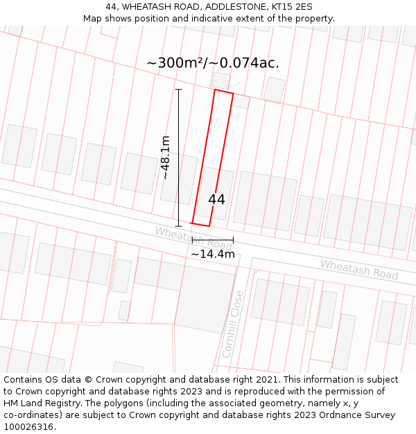 44, WHEATASH ROAD, ADDLESTONE, KT15 2ES: Plot and title map