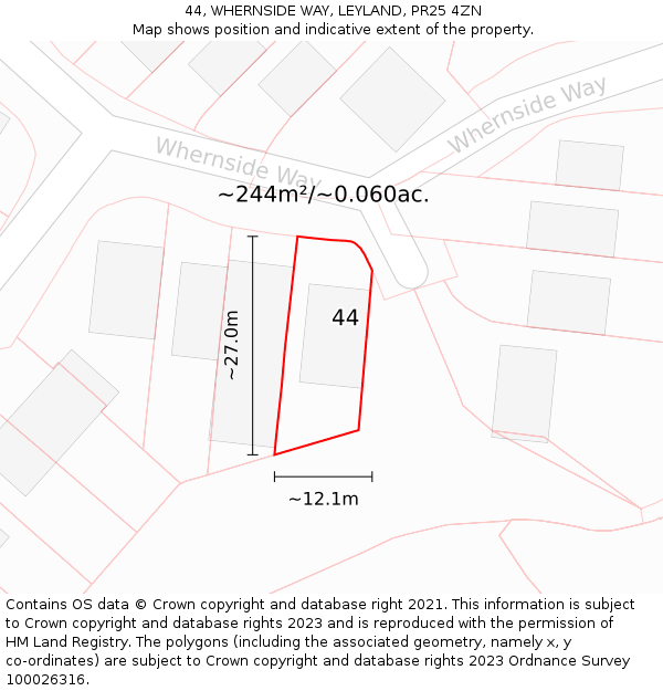 44, WHERNSIDE WAY, LEYLAND, PR25 4ZN: Plot and title map