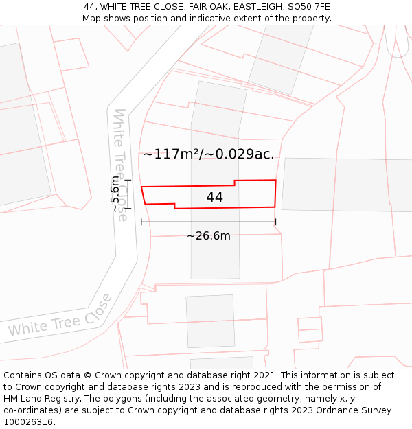 44, WHITE TREE CLOSE, FAIR OAK, EASTLEIGH, SO50 7FE: Plot and title map