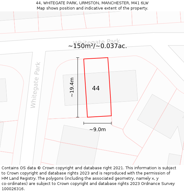 44, WHITEGATE PARK, URMSTON, MANCHESTER, M41 6LW: Plot and title map