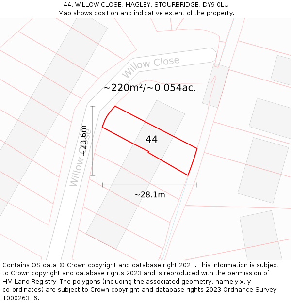 44, WILLOW CLOSE, HAGLEY, STOURBRIDGE, DY9 0LU: Plot and title map