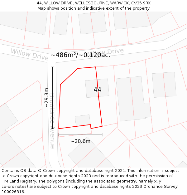 44, WILLOW DRIVE, WELLESBOURNE, WARWICK, CV35 9RX: Plot and title map