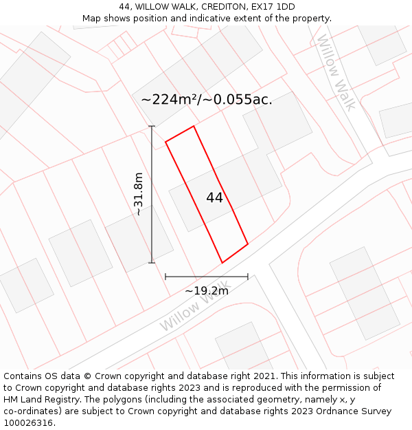 44, WILLOW WALK, CREDITON, EX17 1DD: Plot and title map