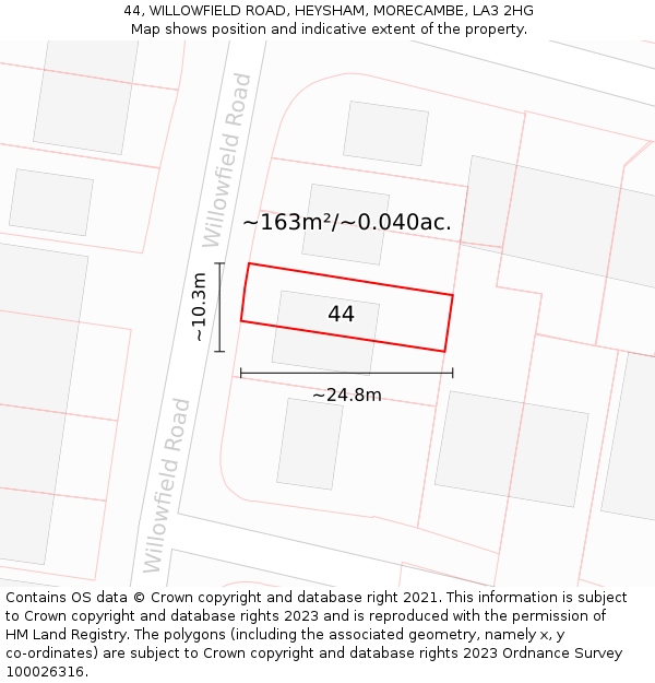 44, WILLOWFIELD ROAD, HEYSHAM, MORECAMBE, LA3 2HG: Plot and title map