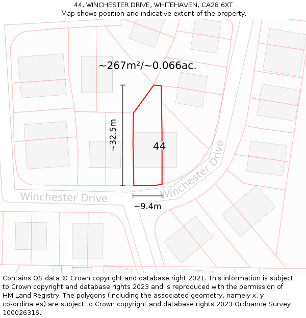 44, WINCHESTER DRIVE, WHITEHAVEN, CA28 6XT: Plot and title map