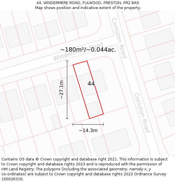 44, WINDERMERE ROAD, FULWOOD, PRESTON, PR2 8AS: Plot and title map