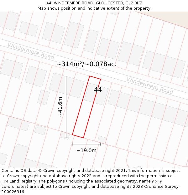 44, WINDERMERE ROAD, GLOUCESTER, GL2 0LZ: Plot and title map