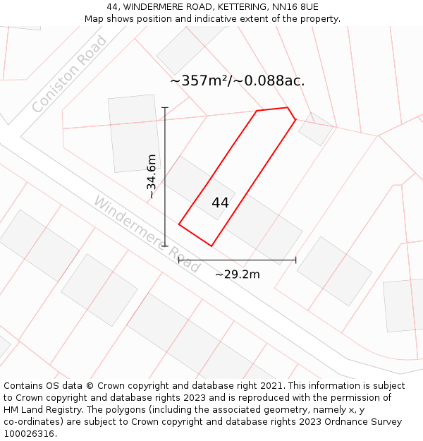 44, WINDERMERE ROAD, KETTERING, NN16 8UE: Plot and title map