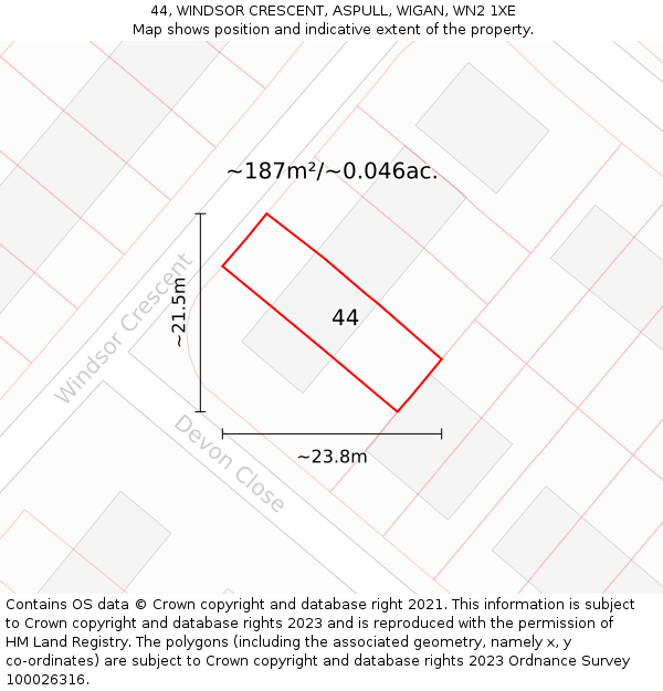 44, WINDSOR CRESCENT, ASPULL, WIGAN, WN2 1XE: Plot and title map