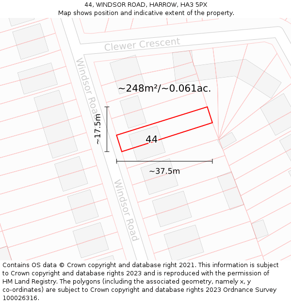 44, WINDSOR ROAD, HARROW, HA3 5PX: Plot and title map